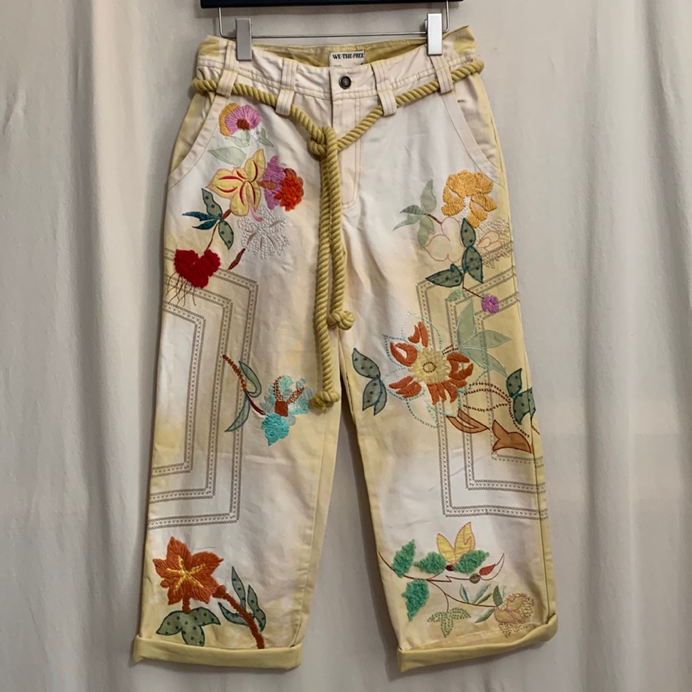 Free People Cream Floral Cropped Embroidered Pants - Picture 7 of 14